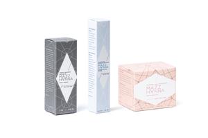 Packaging for Mazz Hanna's first 3 CBD-and-crystal infused beauty products